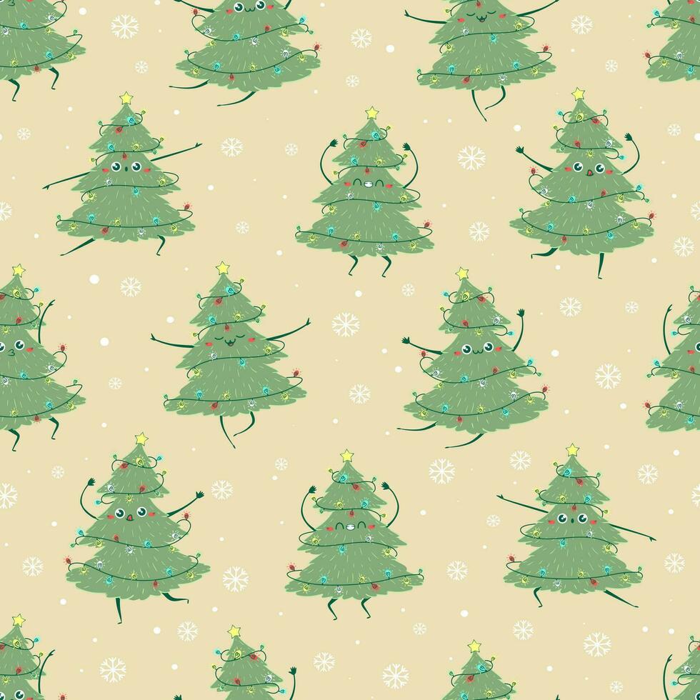 Seamless pattern with kawaii doodle Christmas tree dancing isolated on a beige background. Children's handmade naive style. Simple New Year character happy spruce for festive packaging and textiles vector