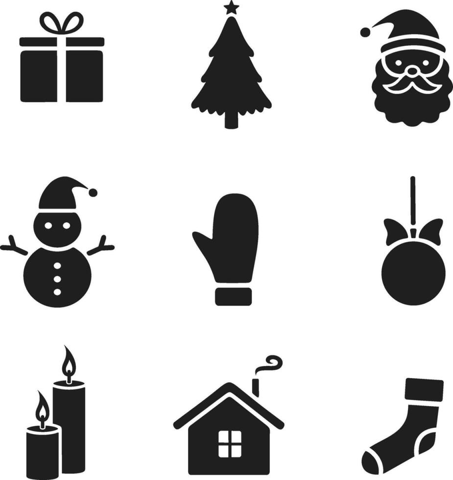 Christmas design elements line icon. Ball with bow, fir tree, gift box, candle, Santa Claus, mitten, snowman, sock, house. Holiday accessories set. Happy New Year vector illustration.