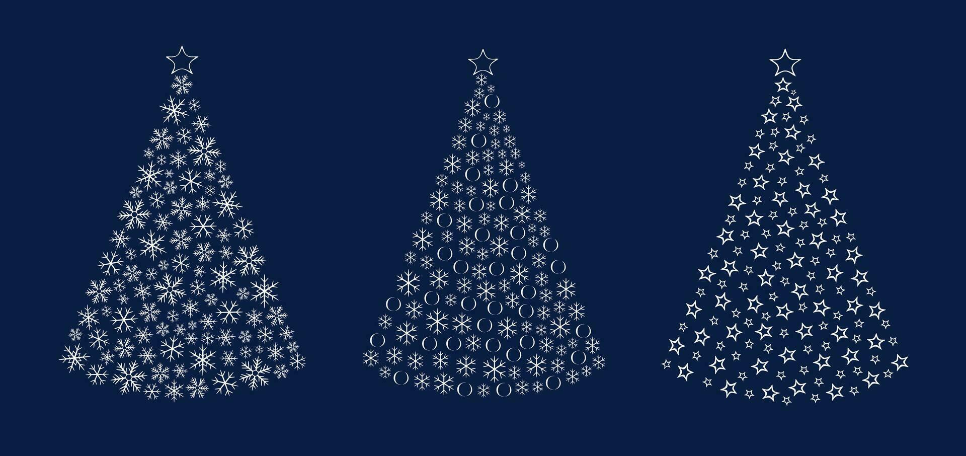 Christmas tree decorated with balls, snowflakes, stars. Holiday decorative stylized white fir on blue background. Set. Happy New Year vector illustration.