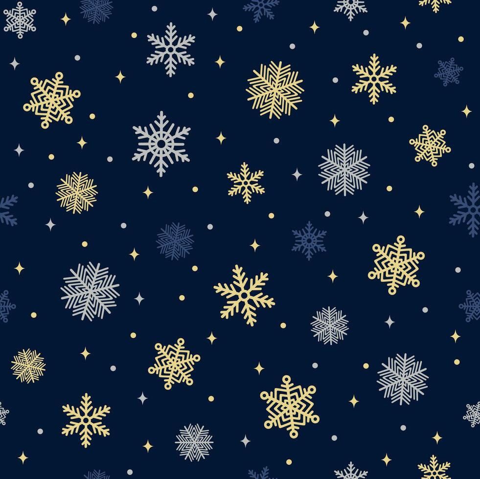 sin costura Navidad modelo con copos de nieve en un oscuro azul antecedentes. invierno decoración. contento nuevo año vector ilustración.