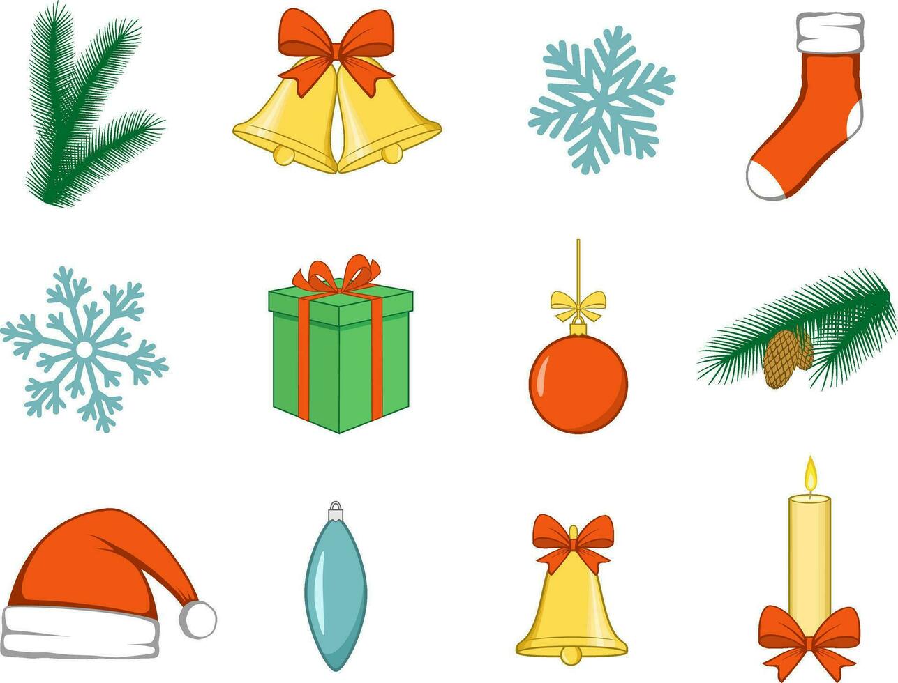 Christmas design elements. Jingle bells with bow, tree branch with cone, toy, ball, gift box, snowflake, cap, sock, candle. Festive accessories. Happy New Year vector illustration.