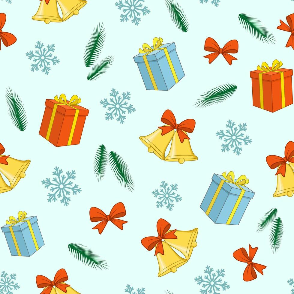Seamless pattern with Christmas accessories. Jingle bells, gift box, bow, snowflake, fir branch. Festive background. Happy New Year vector illustration.