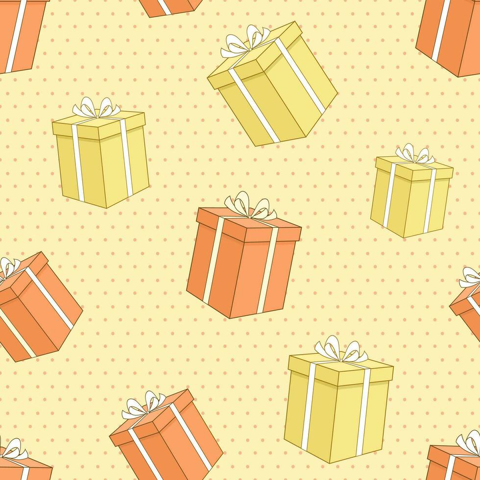 Seamless pattern with gift box on polka dot background. Christmas and Happy new year vector illustration.