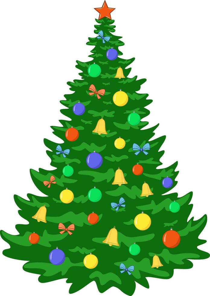 Christmas tree decorated with toys. Colorful balls, bells, bows. Holiday decorative fir. Happy New Year vector illustration.