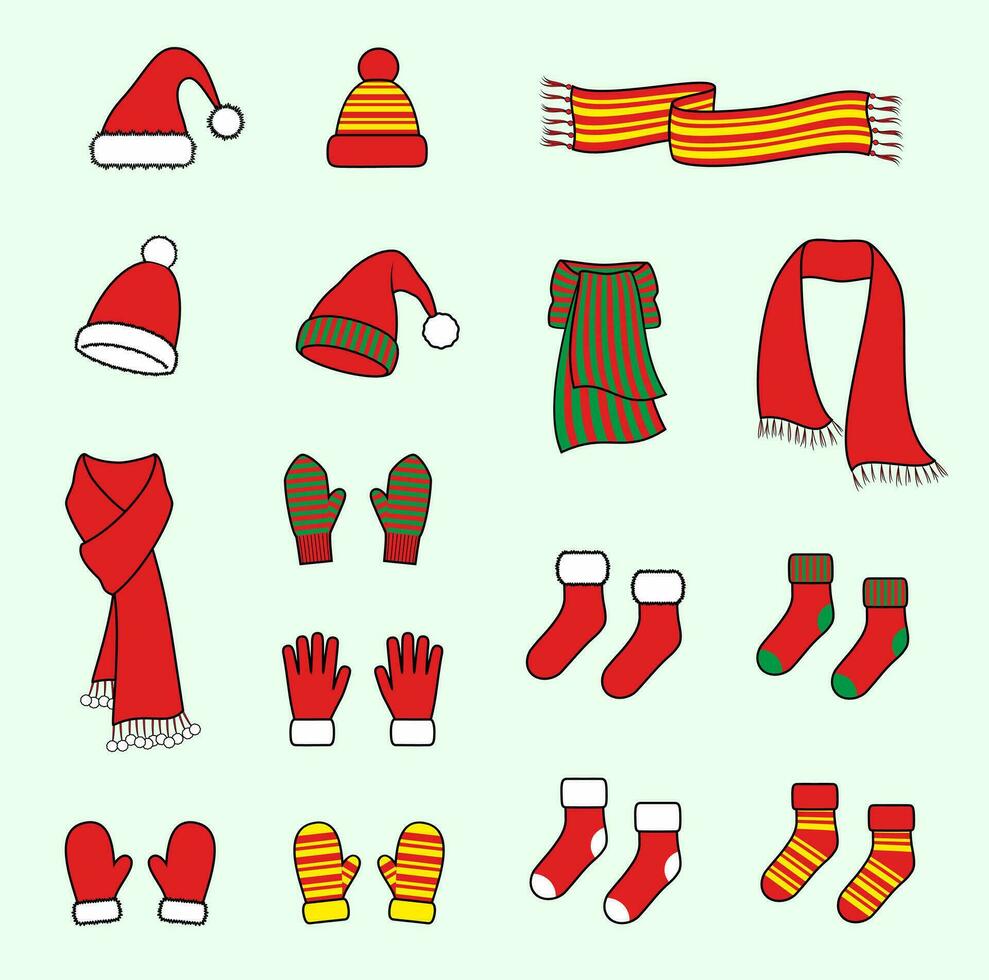 Christmas knitted red cap, mittens, scarf. Collection of new year accessories. Winter knitwear. Fashion CAD. Vector illustration.