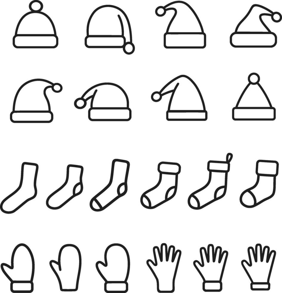 Christmas hat, sock, mitten line icon. Holiday knitted accessories set. Happy New Year vector illustration.
