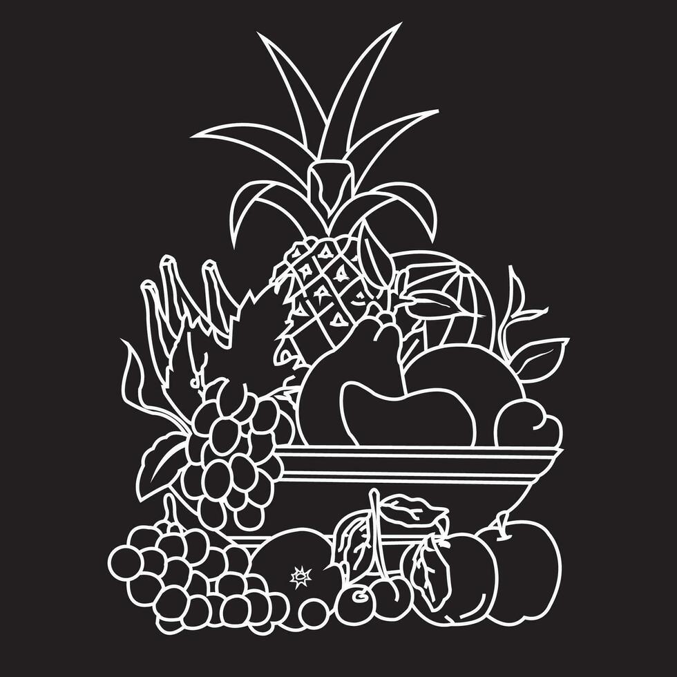 Contour fruit bowl linear contour fruits black background vector