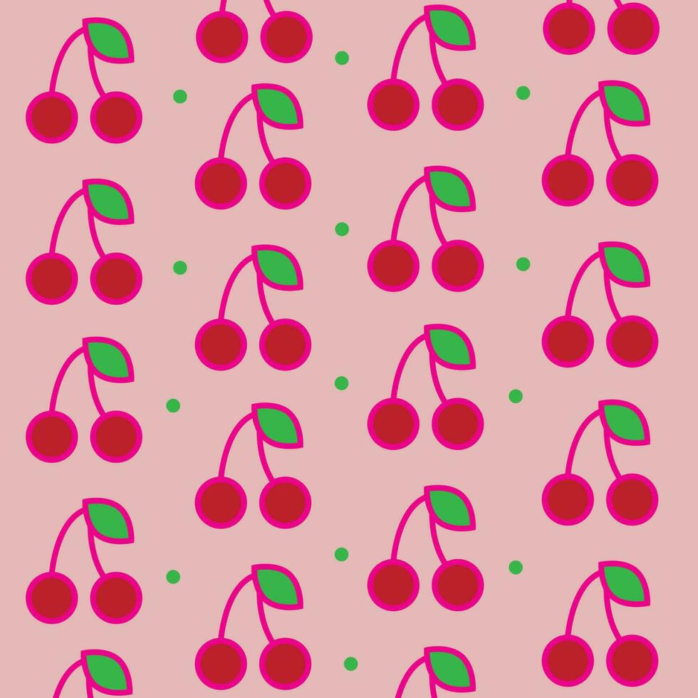 Pattern with cherry fruits with green leaves pink background vector illustration.