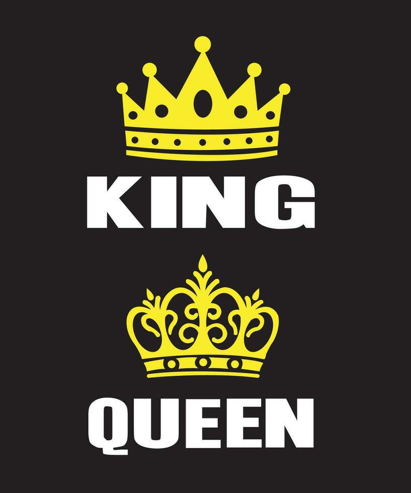 Pack of 2 golden king and queen crowns with typography on a black background vector