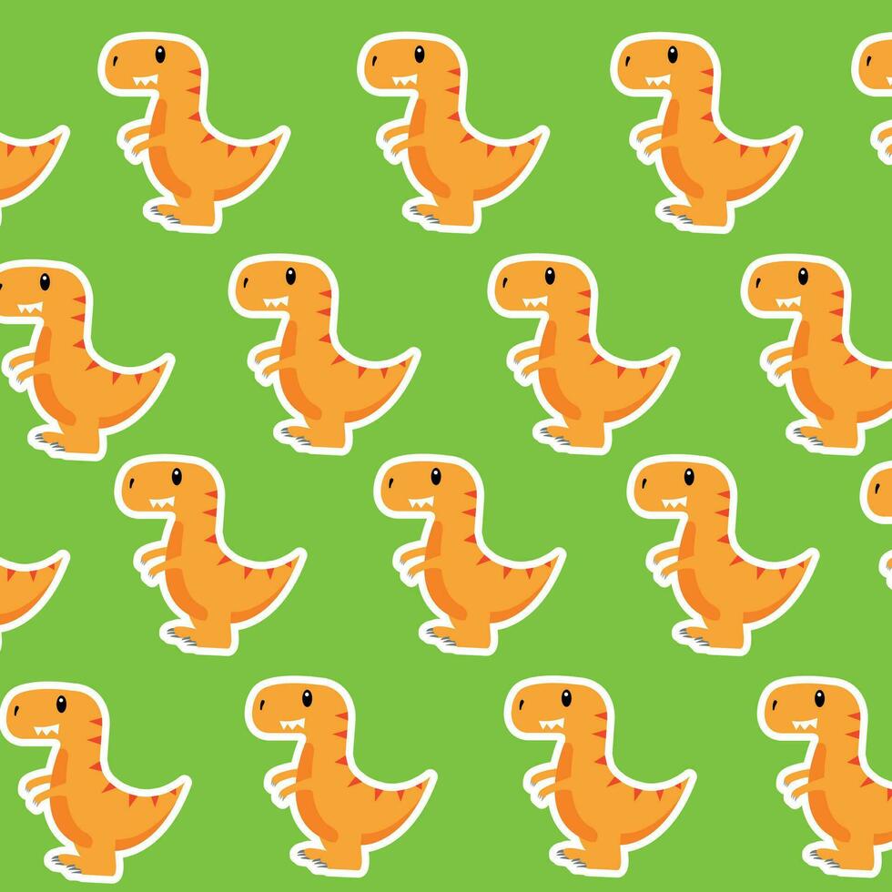 Cute yellow dinosaurs drawn pattern on green background vector