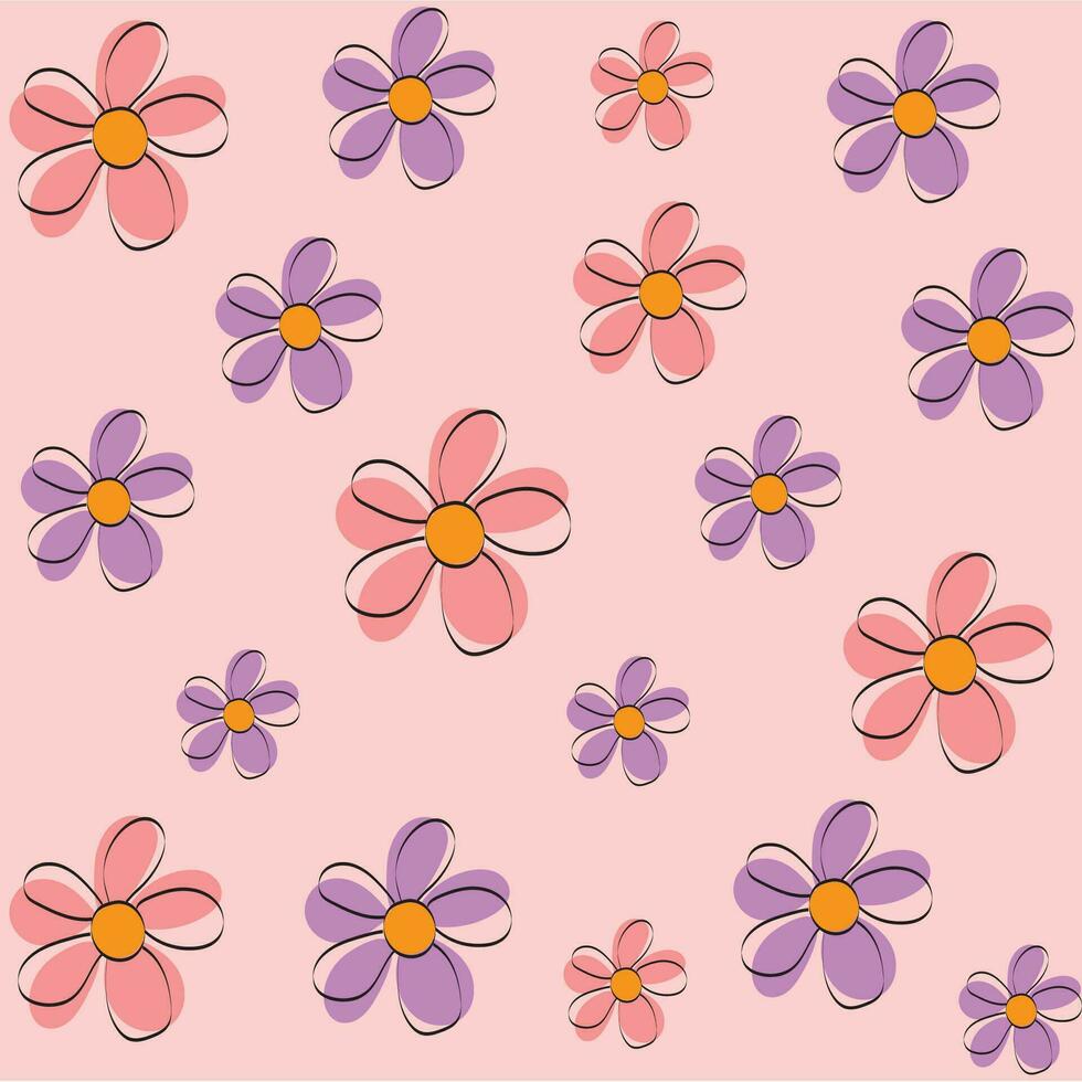 Hand drawn flowers background with black stroke and pink background Floral pattern vector