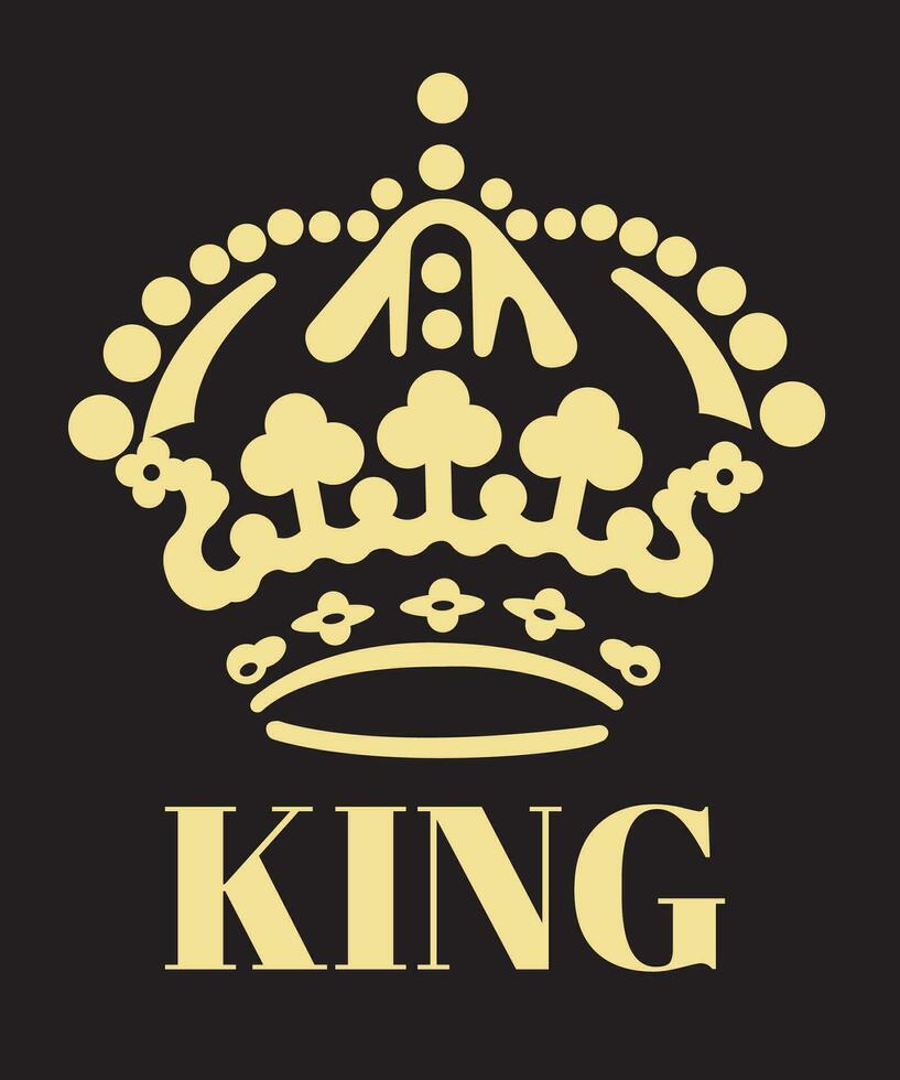 King Gold crown and text isolated on black background. Can be used for printable souvenirs t-shirt, pillow, magnet, mug, cup Icon of wedding invitation vector