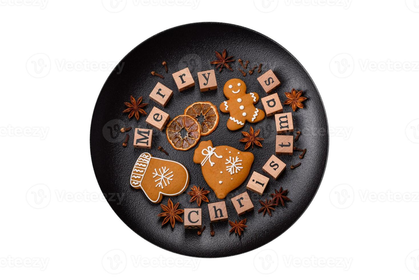 Beautiful Christmas composition with copy space with an inscription in wooden cubes photo