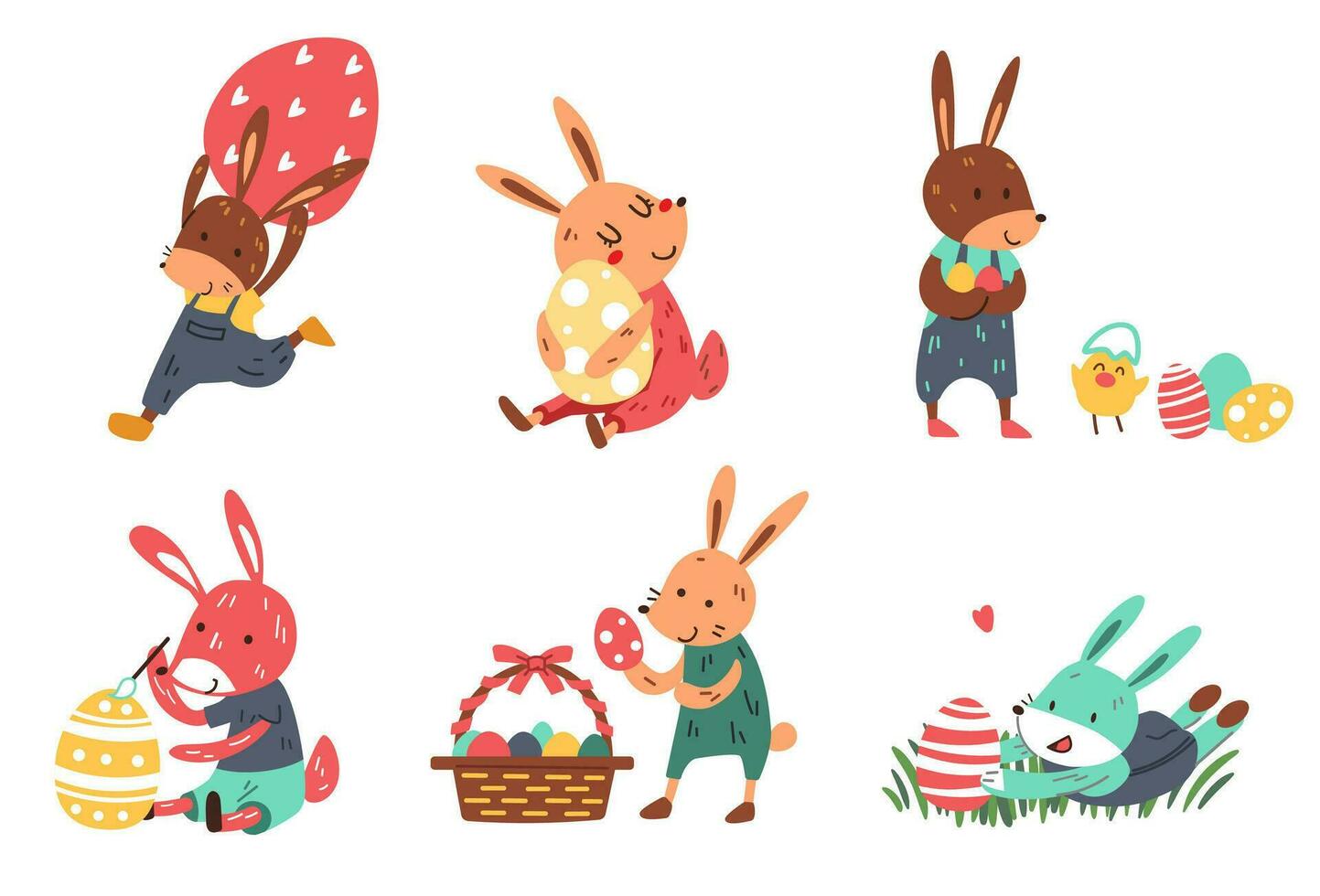 Set of cute Easter bunny with easter eggs flat vector illustration. Happy Easter. Easter eggs hunt.