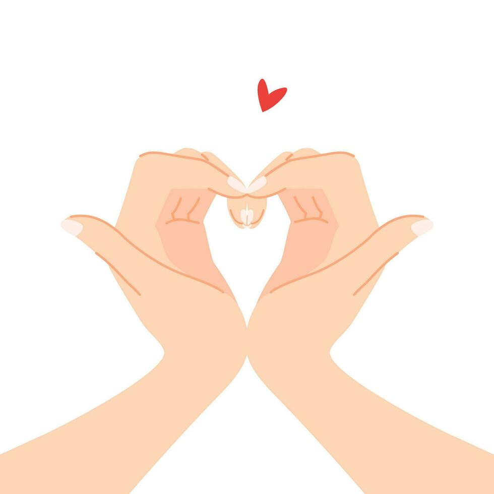 Beautiful hands making a heart shape to express feeling of love cartoon flat vector illustration isolated on white background. Sending romantic feeling with mini heart. Happy Valentine's Day.