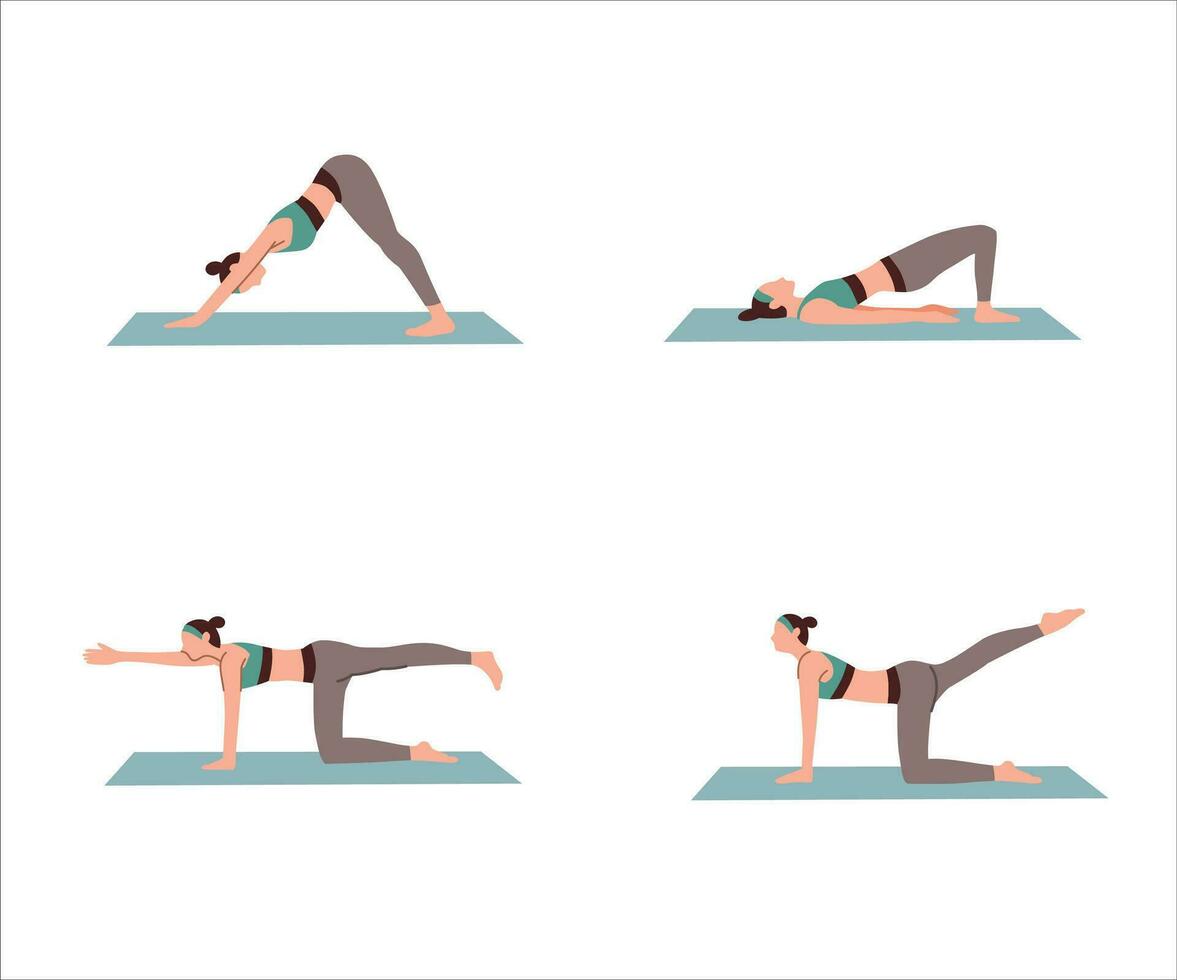 Set of young woman doing yoga excercise isolated white background flat vector illustration. Yoga at home for healthy life.