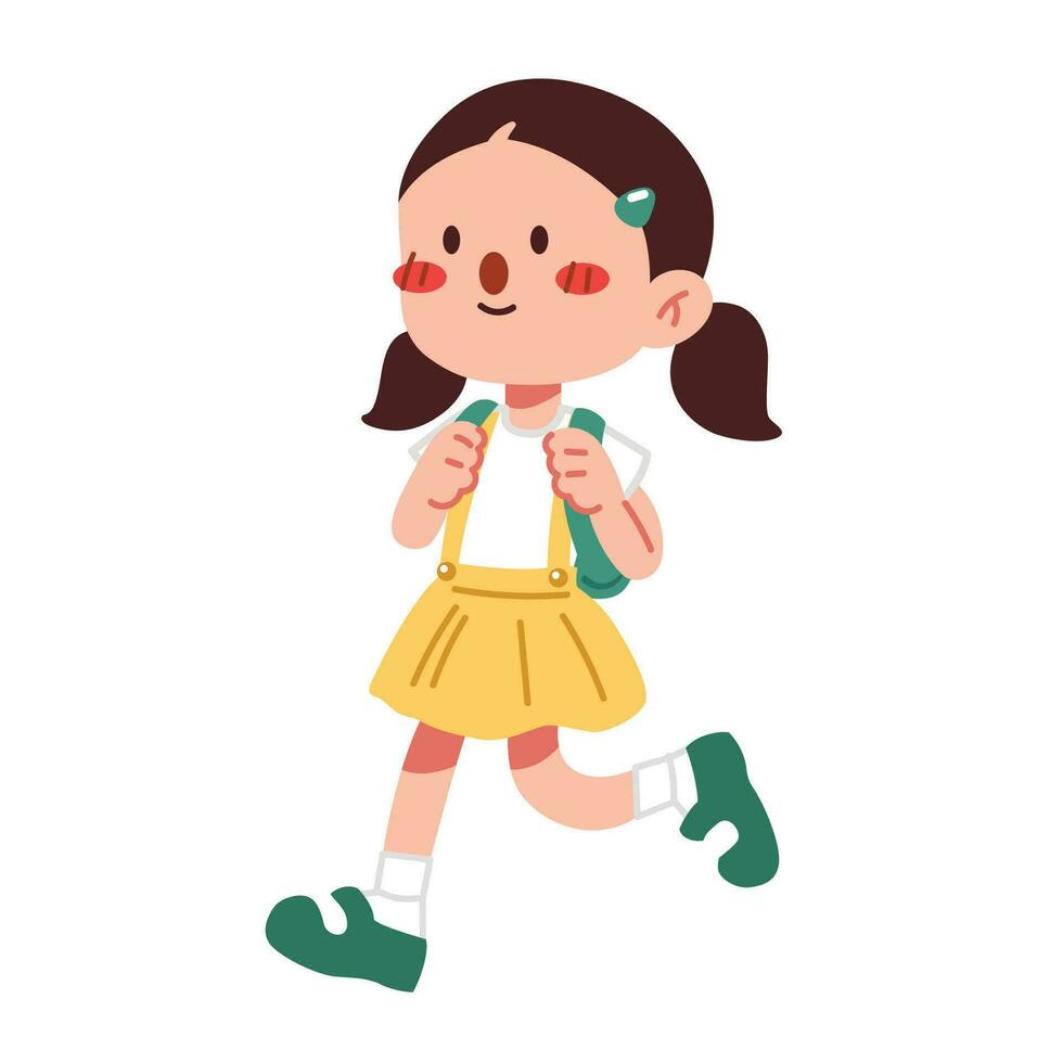un linda niña caminando a colegio aislado en blanco antecedentes plano vector ilustración. Bienvenido espalda a colegio concepto.