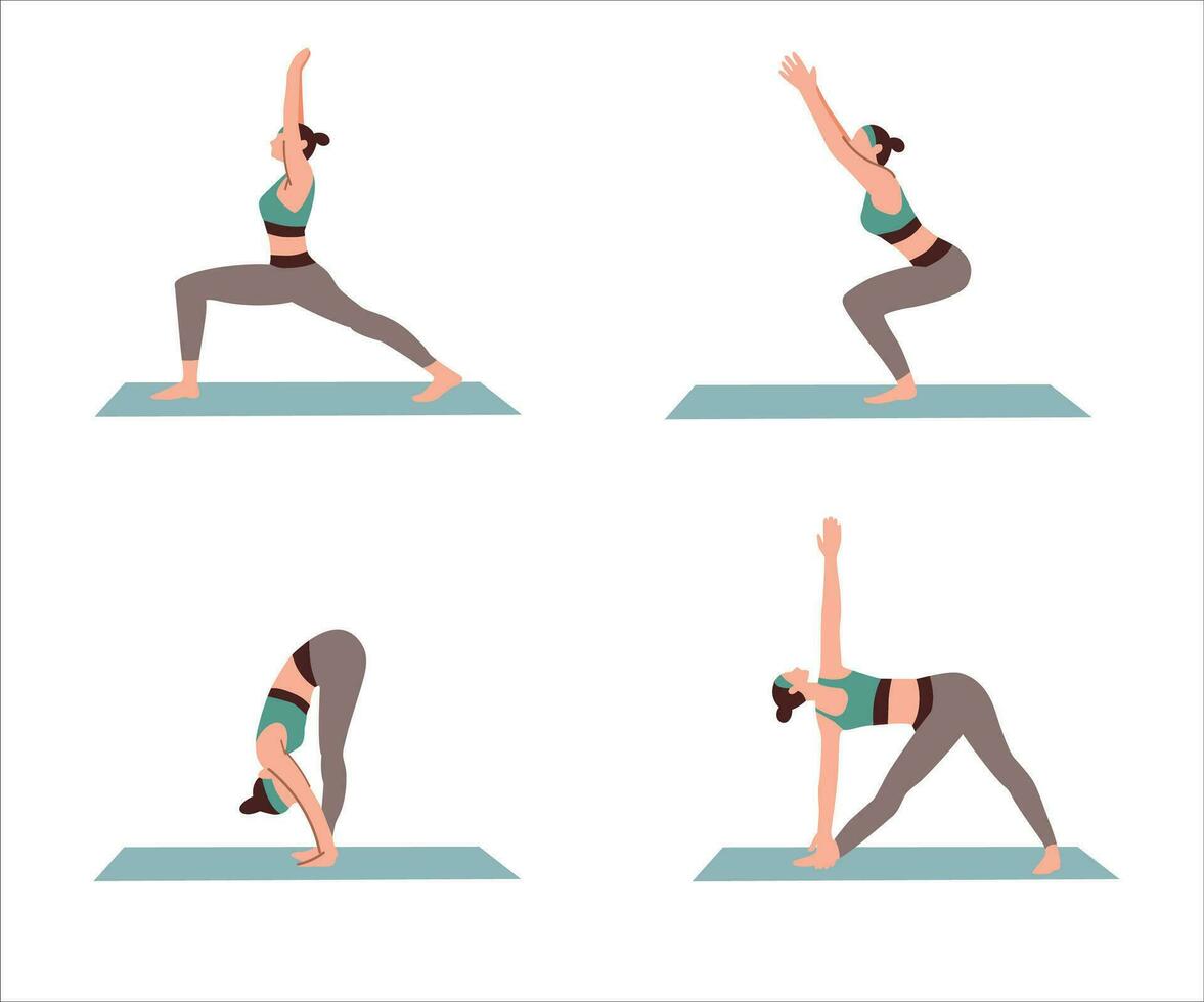 Set of young woman doing yoga excercise isolated white background flat vector illustration. Yoga at home for healthy life.