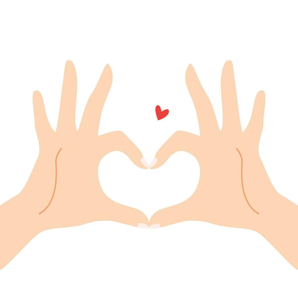 Beautiful hands making a heart shape to express feeling of love cartoon flat vector illustration isolated on white background. Sending romantic feeling with mini heart. Happy Valentine's Day.