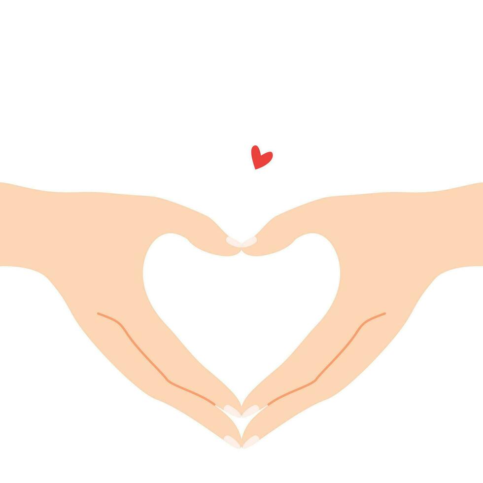 Beautiful hands making a heart shape to express feeling of love cartoon flat vector illustration isolated on white background. Sending romantic feeling with mini heart. Happy Valentine's Day.