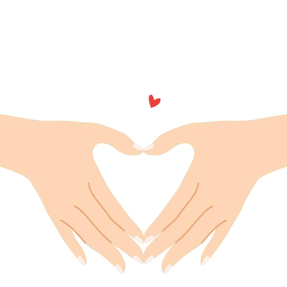 Beautiful hands making a heart shape to express feeling of love cartoon flat vector illustration isolated on white background. Sending romantic feeling with mini heart. Happy Valentine's Day.