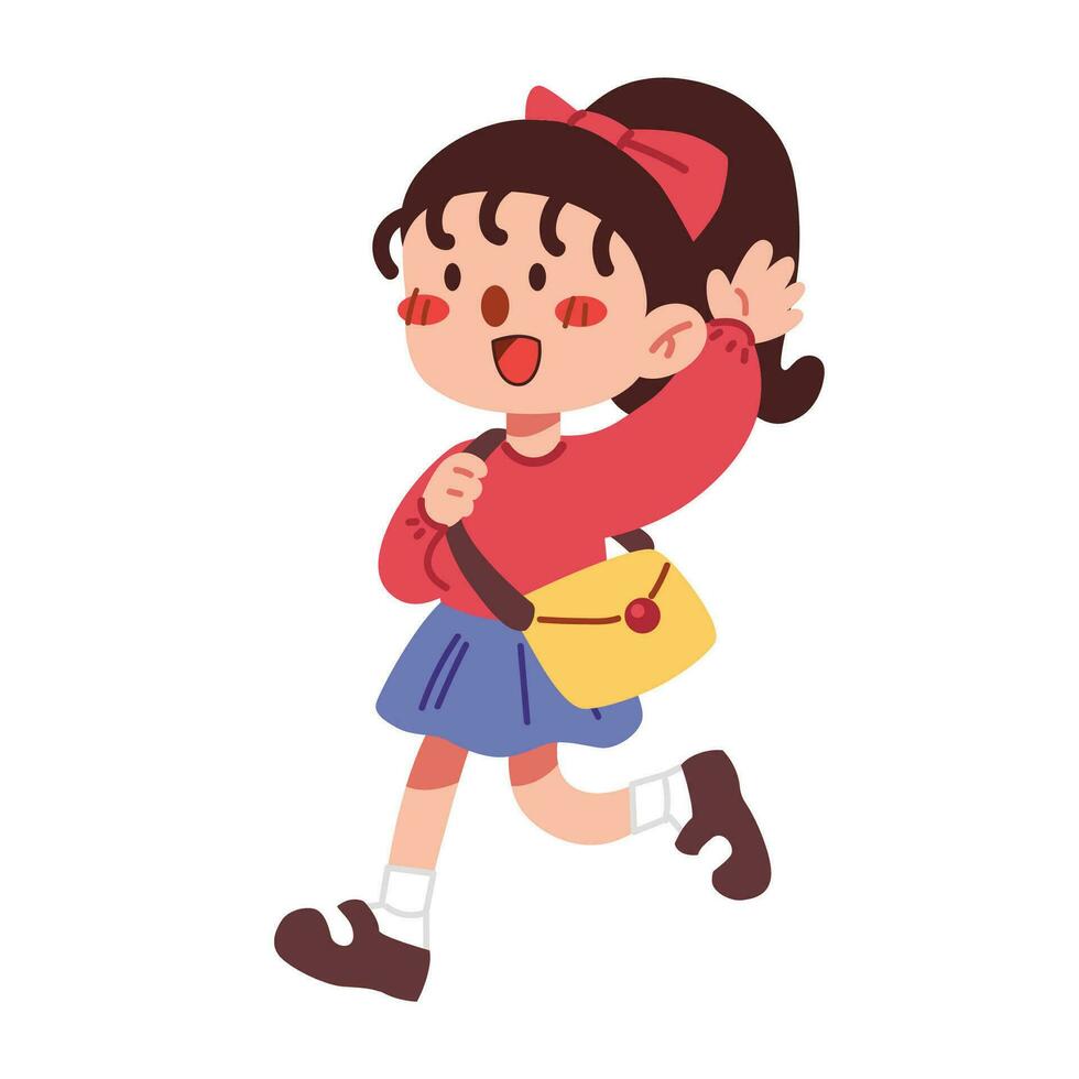 A cute girl walking to school isolated on white background flat vector illustration. Welcome back to school concept.
