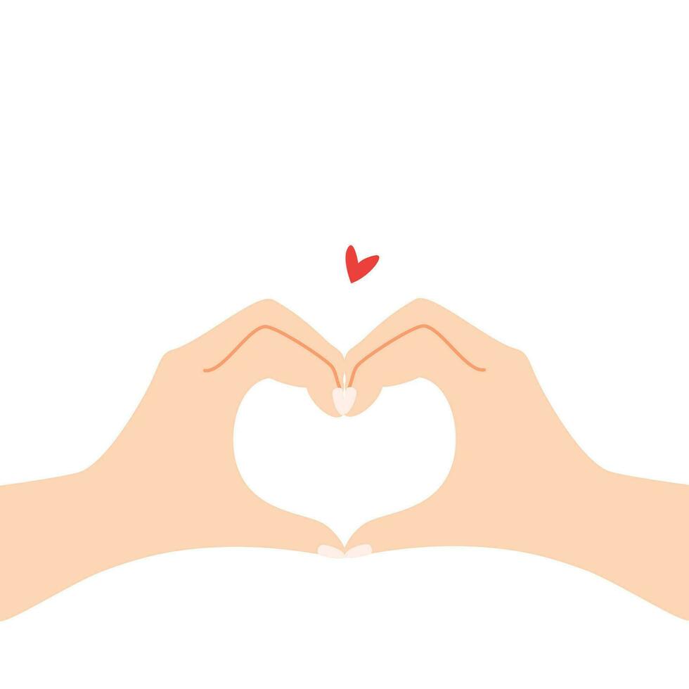 Beautiful hands making a heart shape to express feeling of love cartoon flat vector illustration isolated on white background. Sending romantic feeling with mini heart. Happy Valentine's Day.