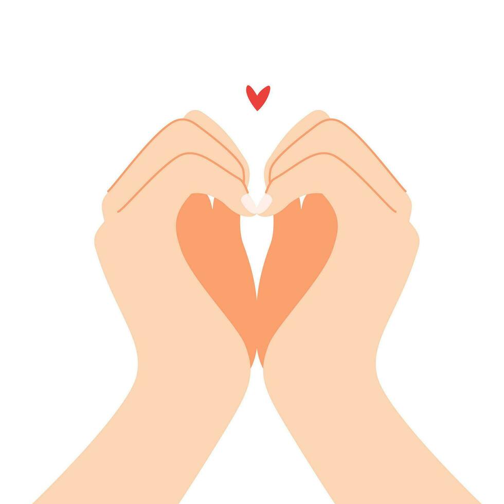 Beautiful hands making a heart shape to express feeling of love cartoon flat vector illustration isolated on white background. Sending romantic feeling with mini heart. Happy Valentine's Day.