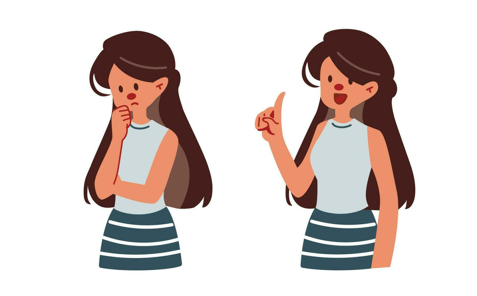 un pensando mujer y obtener bueno idea plano vector ilustración. un retrato de mujer hacer un decisión por conmovedor su barbilla o su cabeza. un mujer pensando y resolver el problema.