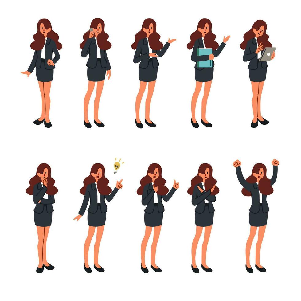 Set of cute businesswoman cartoon character standing in difference postures character flat vector illustration isolated on white background. Employee collection design.