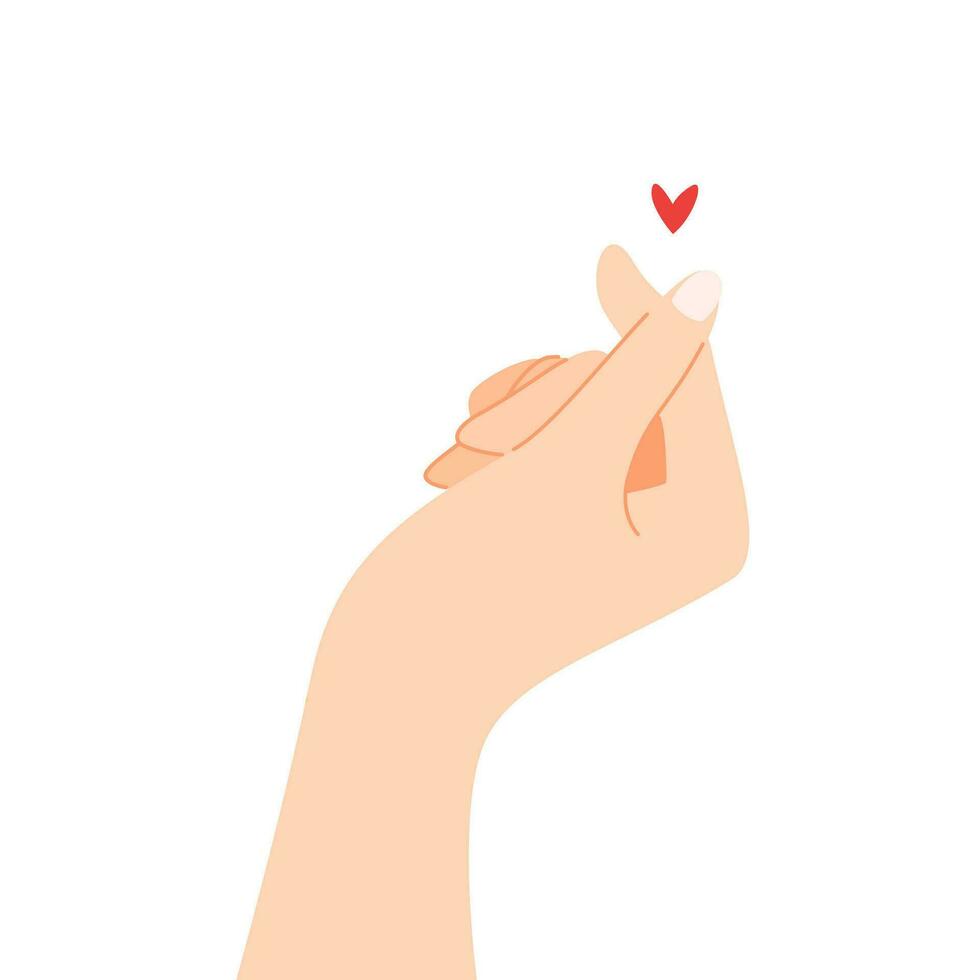 hermosa manos haciendo un corazón forma a Rápido sensación de amor dibujos animados plano vector ilustración aislado en blanco antecedentes. enviando romántico sensación con mini corazón. contento San Valentín día.