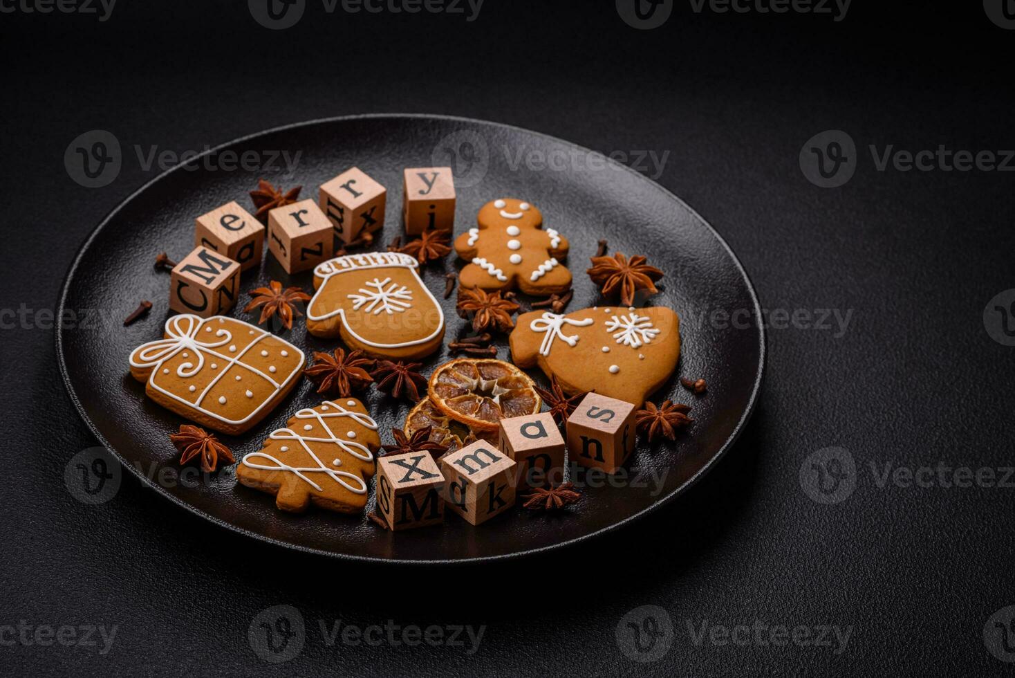Beautiful Christmas composition with copy space with an inscription in wooden cubes photo