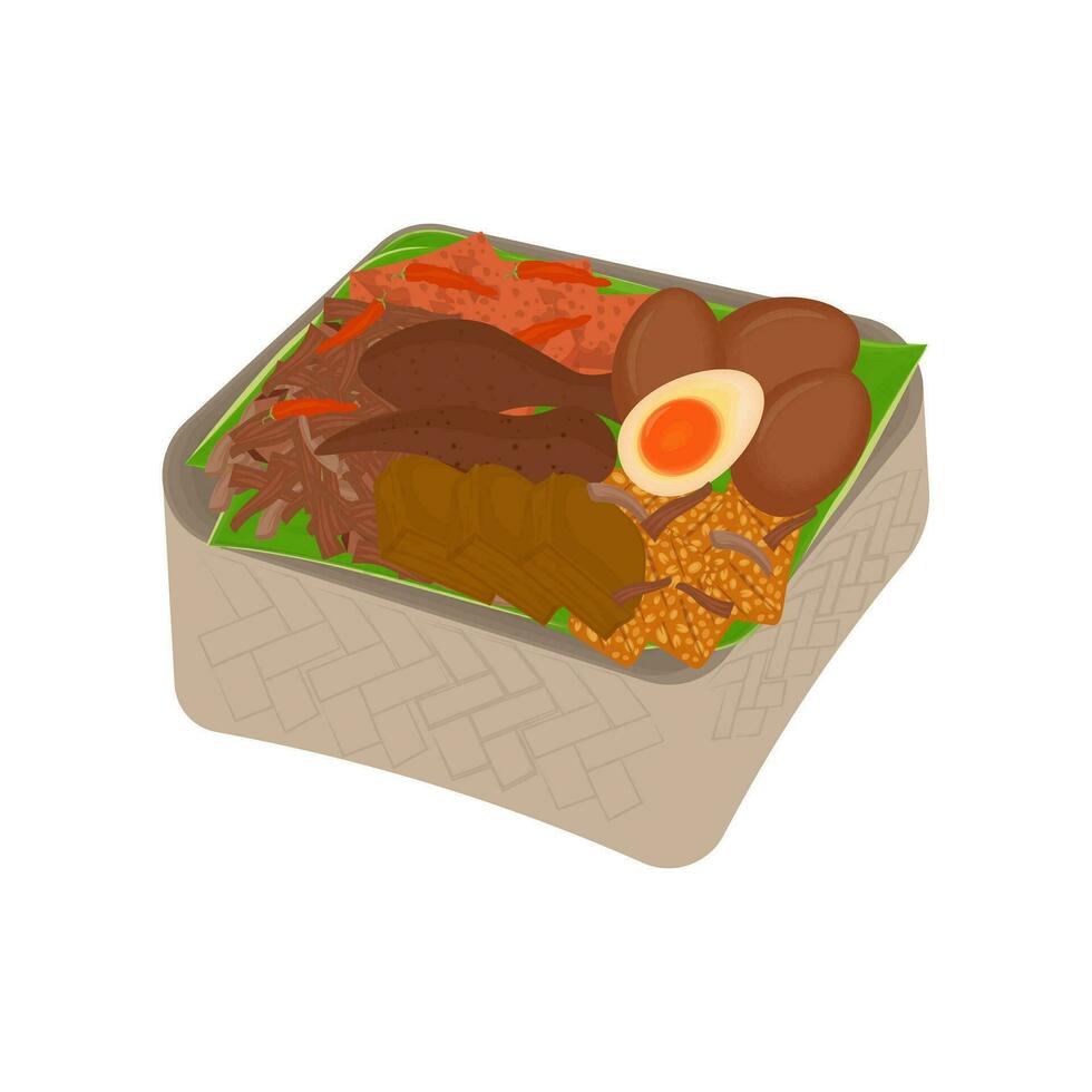 Gudeg Traditional Indonesian Food in a Besek or  Woven Bamboo Container illustration logo vector