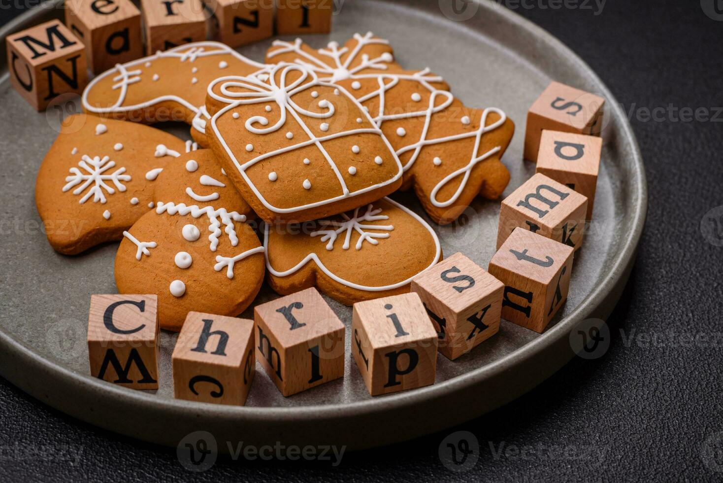 Beautiful Christmas composition with copy space with an inscription in wooden cubes photo