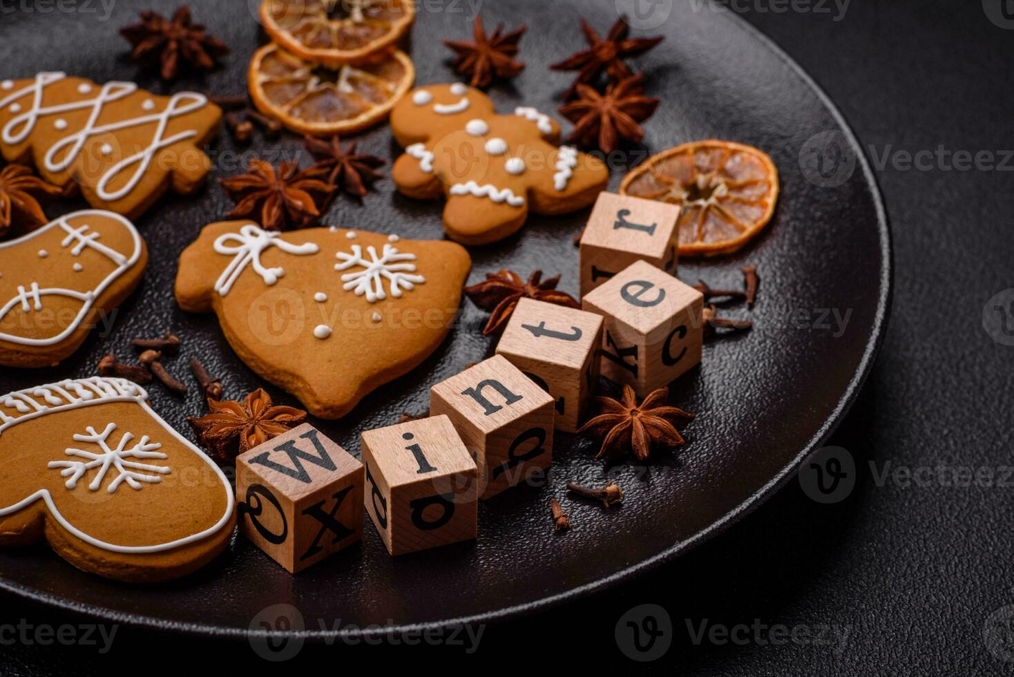 Beautiful Christmas composition with copy space with an inscription in wooden cubes photo