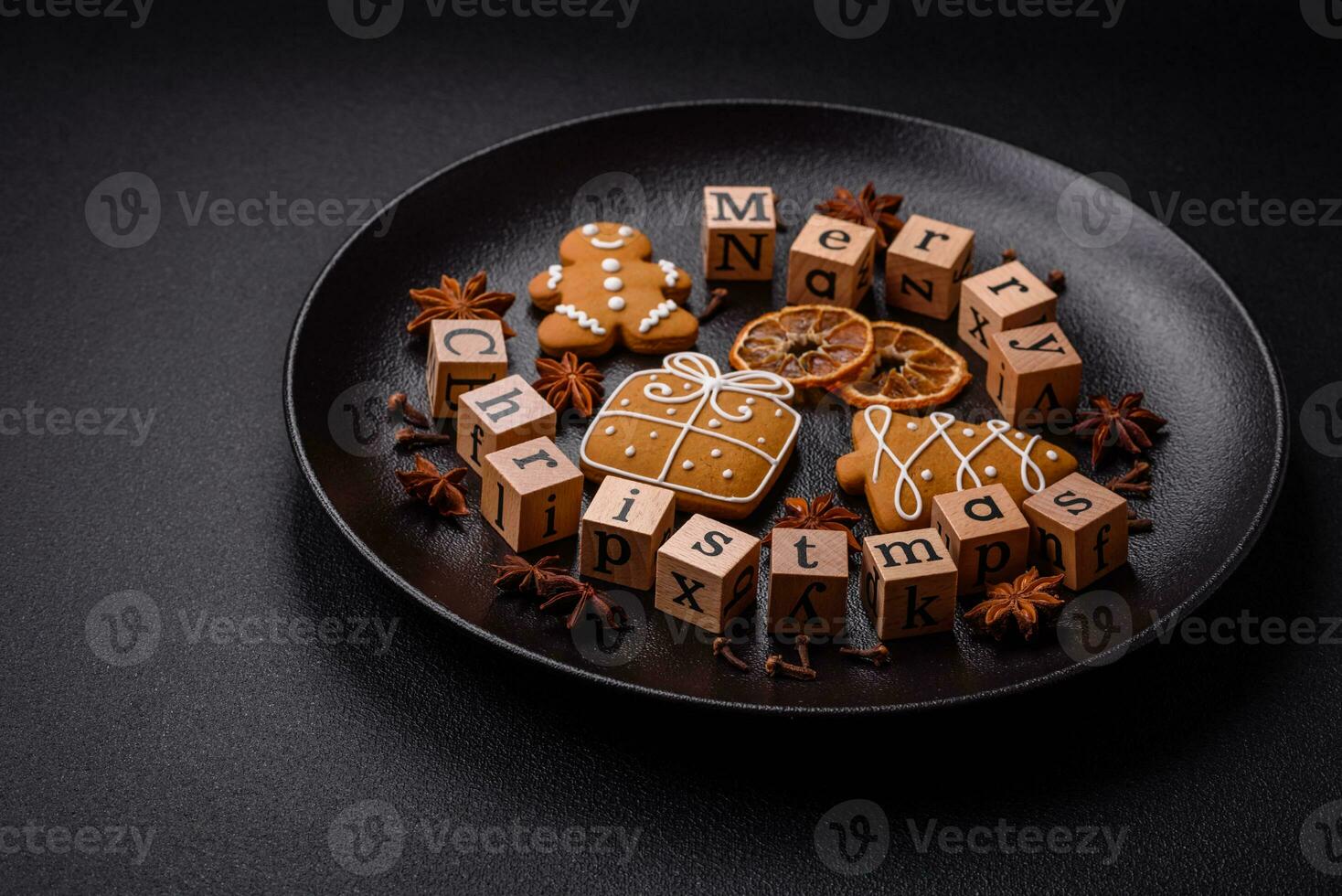 Beautiful Christmas composition with copy space with an inscription in wooden cubes photo