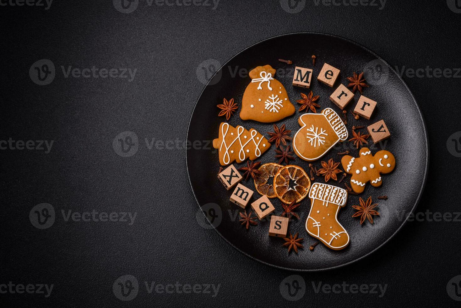 Beautiful Christmas composition with copy space with an inscription in wooden cubes photo