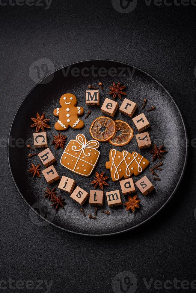 Beautiful Christmas composition with copy space with an inscription in wooden cubes photo