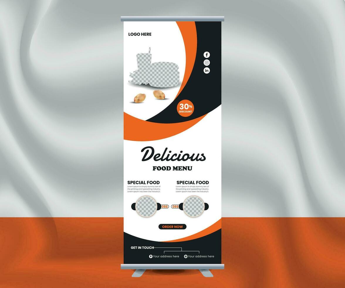 Delicious rollup banner design for food menu restaurant vector