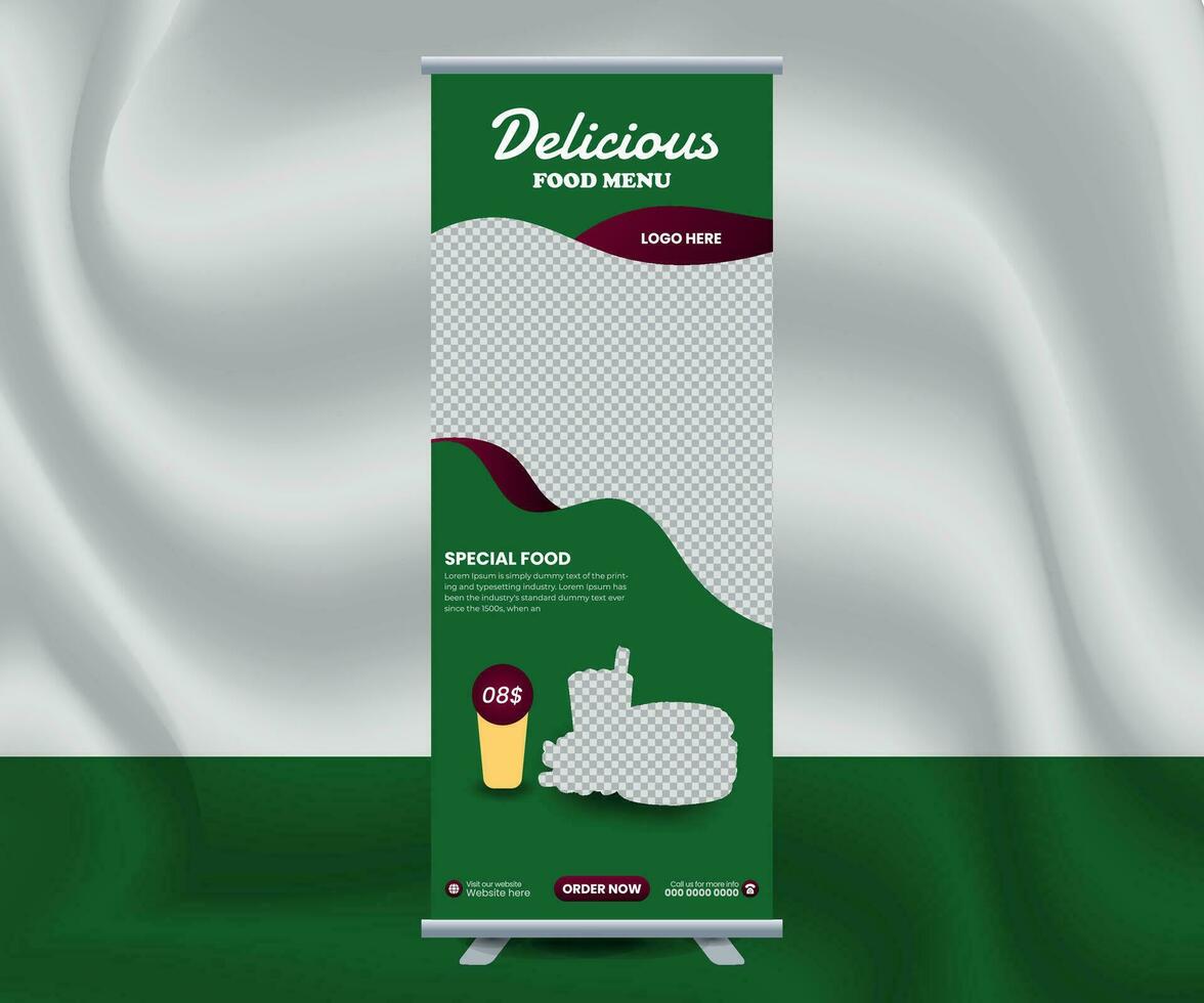 Delicious rollup banner design for food menu restaurant vector