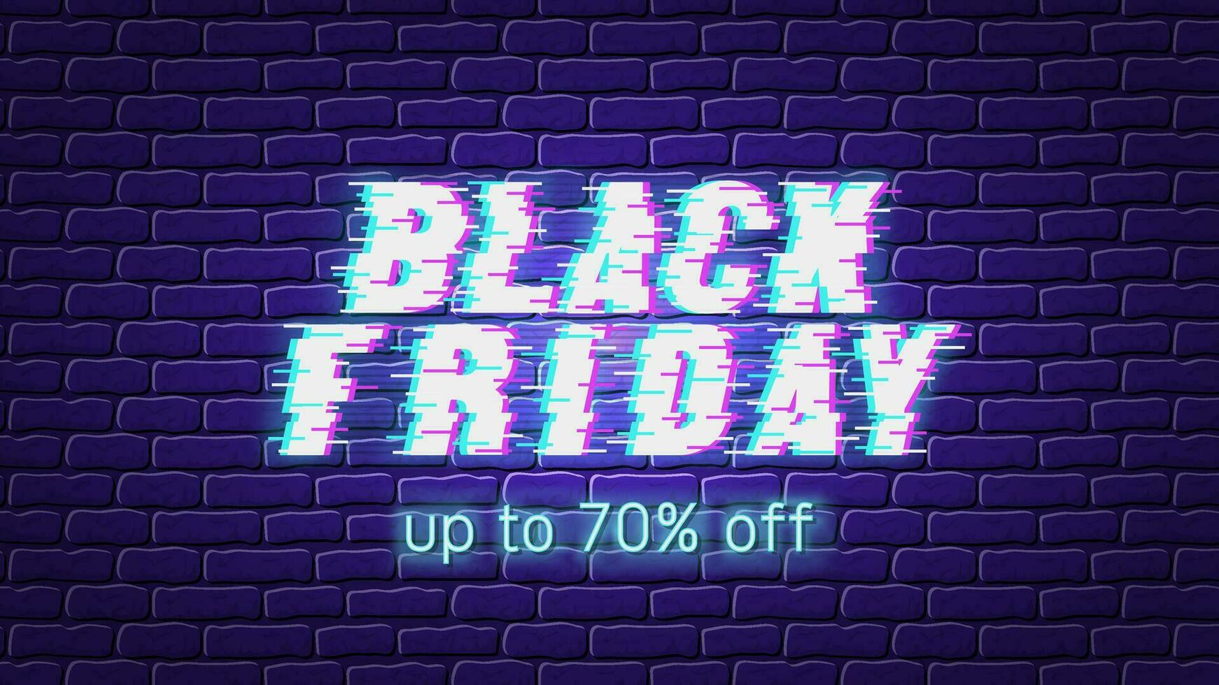 Black Friday inscription in glitch style, signal interference on TV. Sale promotion banner on a dark brick wall. Dark tones design template with neon glow. vector