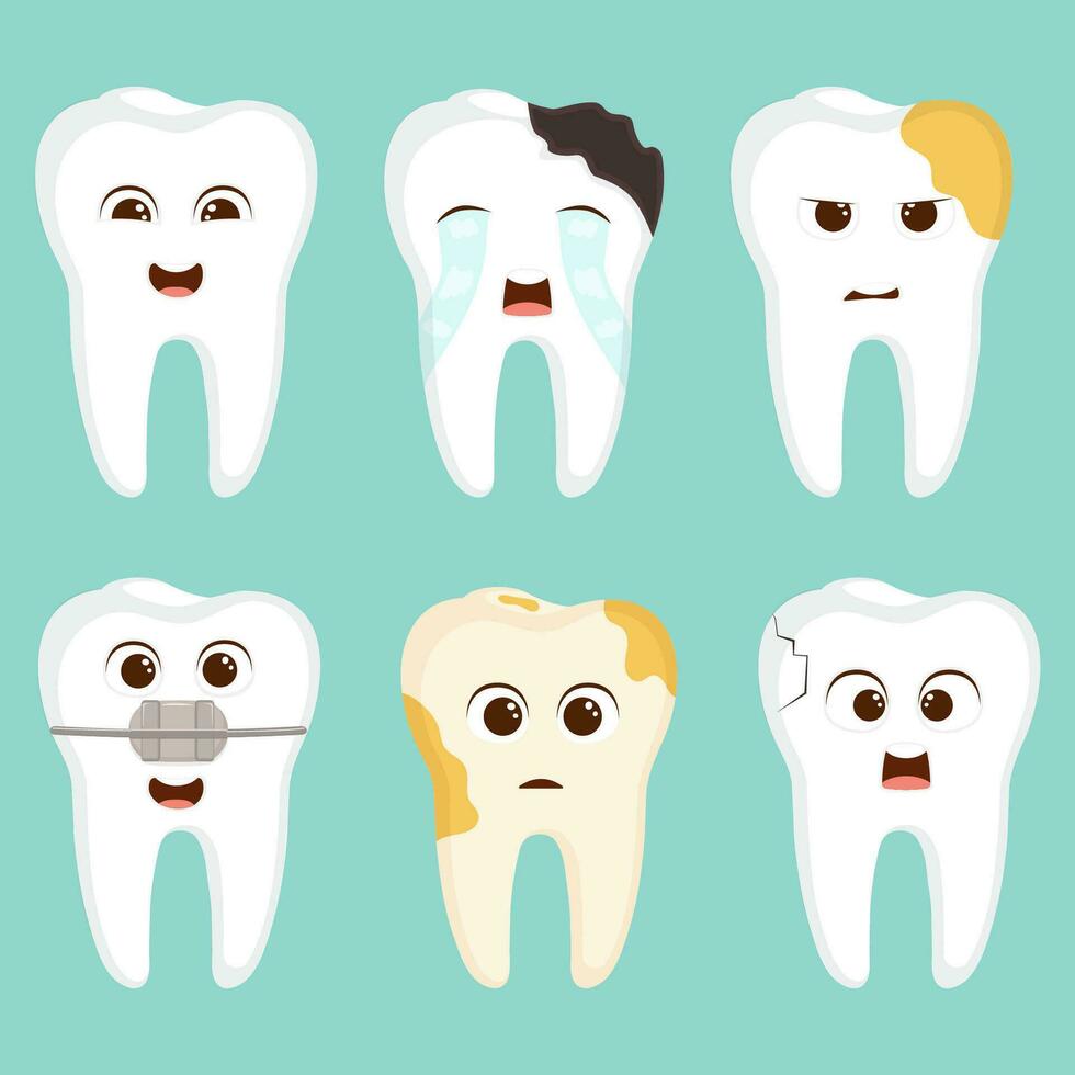 Funny teeth character with different types of emotions. Cartoon style vector illustration.