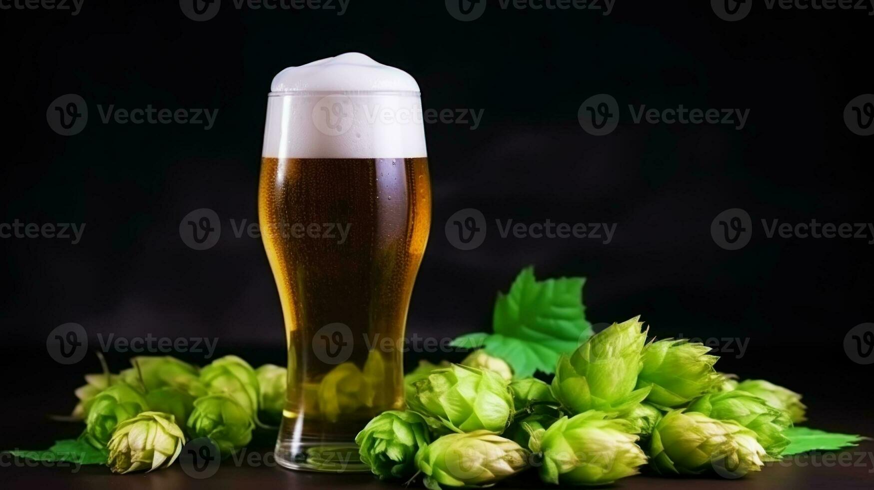 AI Generated Image of a glass of beer with hops lying next to it. An image with places to copy. Natural lighting. Generative AI photo
