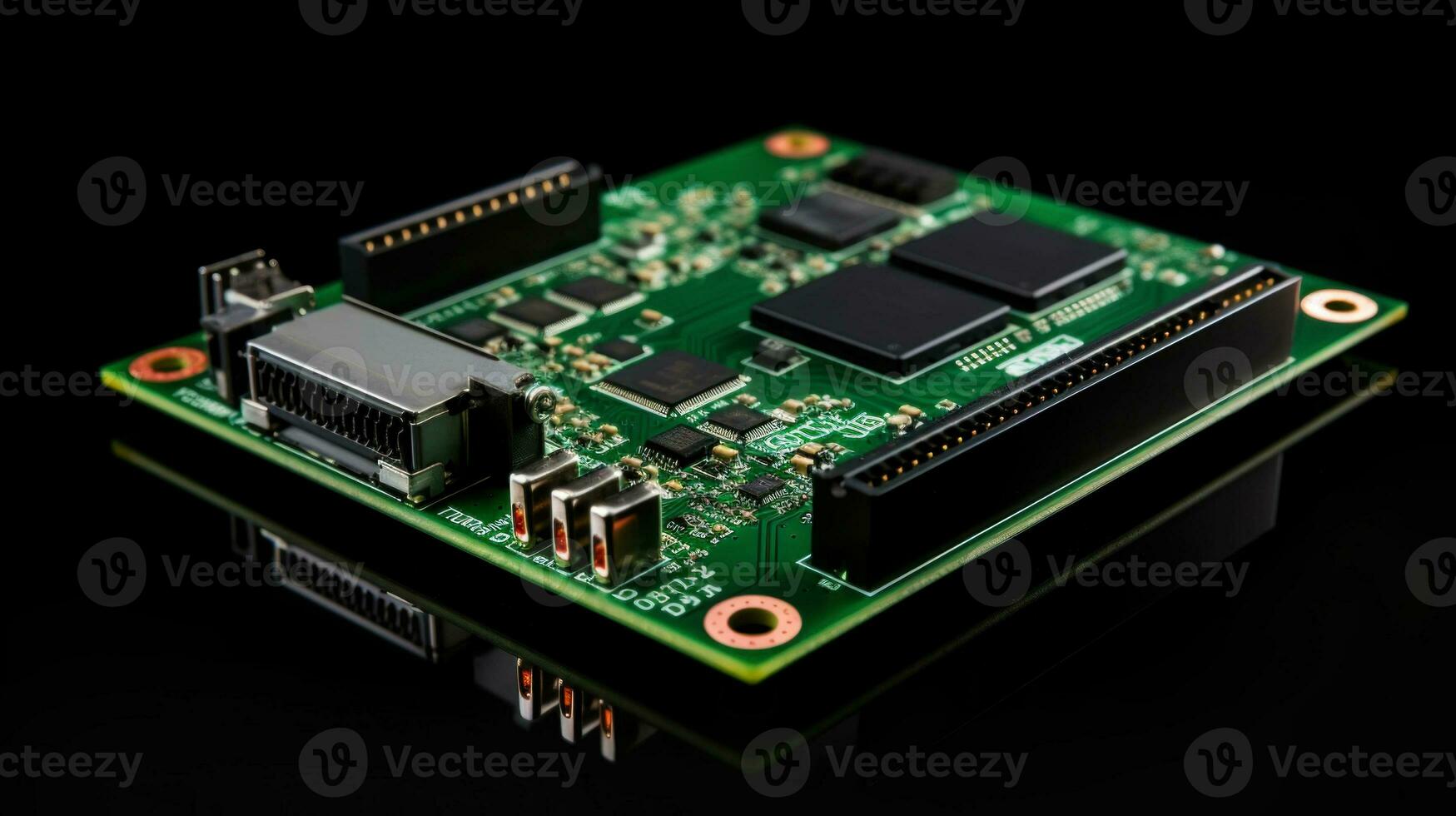 AI Generated Minimalistic image of green printed circuit board with processor on black background with copying space. Generative AI photo