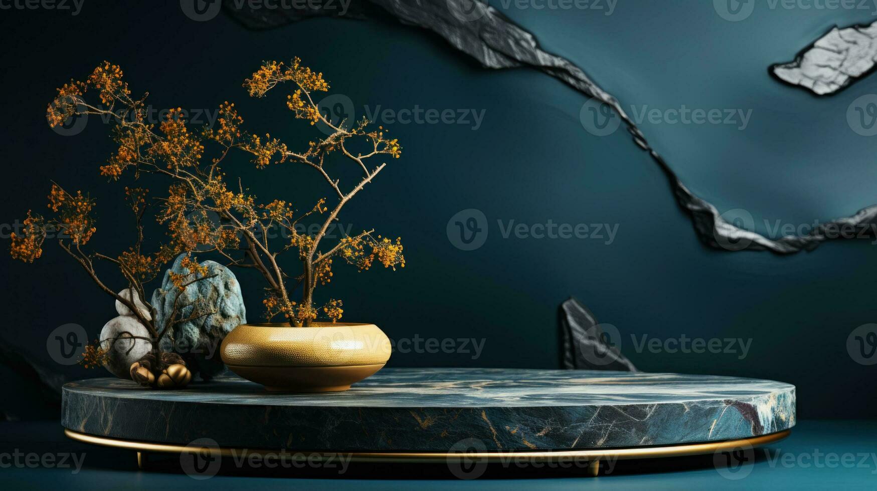 AI Generated Azure podium for various crafts, in a minimalist style with places for copying. Stone with golden lines. Generative AI photo