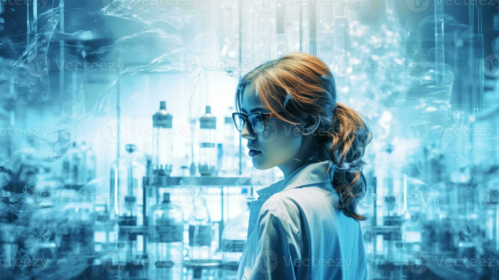 AI Generated Doubleexposure photo of a laboratory assistant and a laboratory on a background with spaces for copying. Generative AI