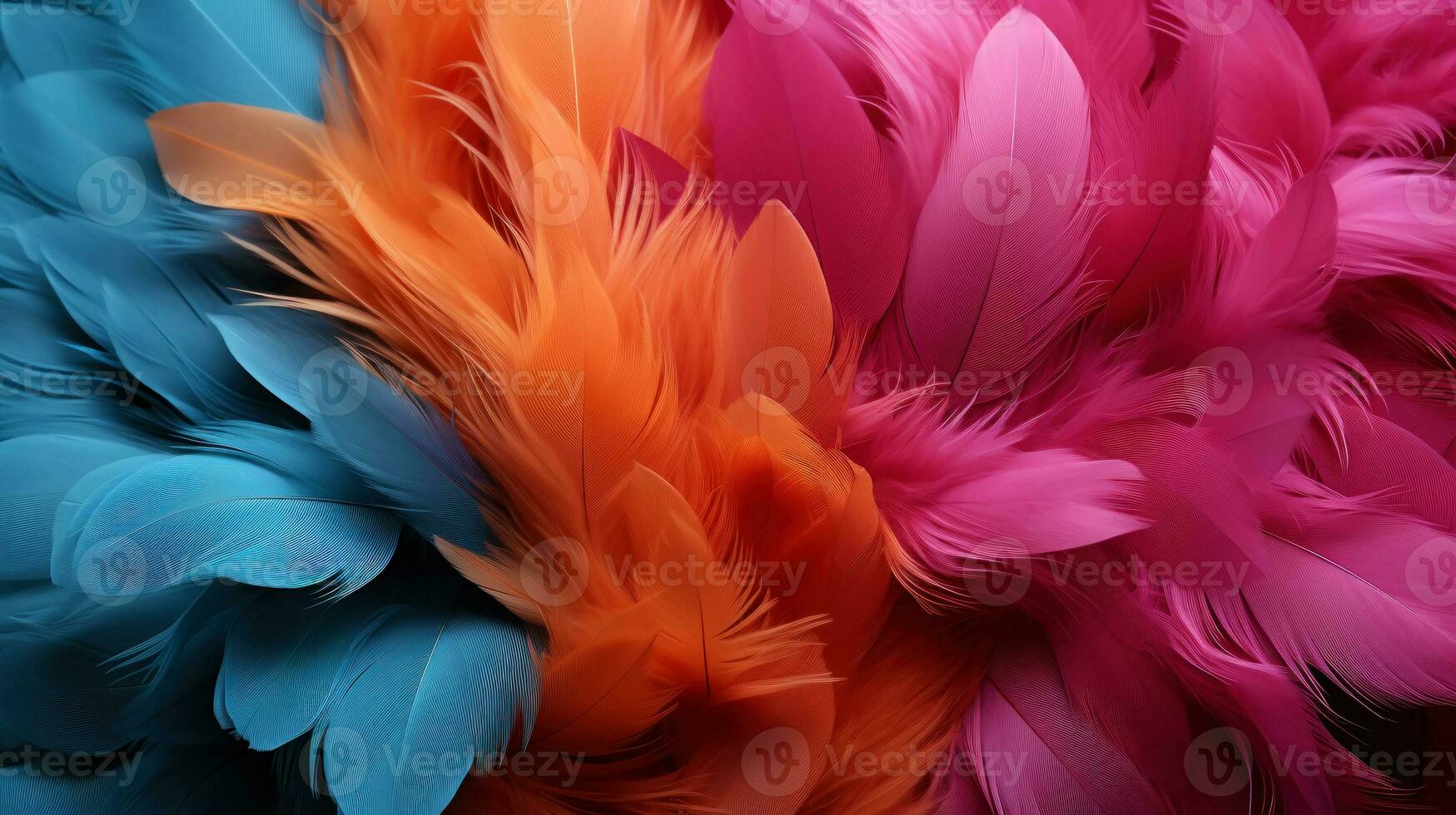 AI Generated Close up of light fuchsia, azure, apricot luxurious feather background with copying spaces. Generative AI photo