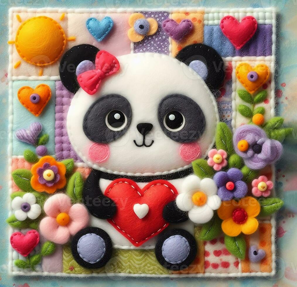 AI generated Cute panda with heart and flowers. Valentine card with romantic animal in felt art patchwork quilt, colorful expressionist style photo