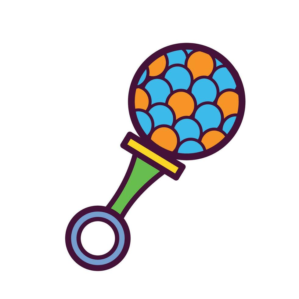 Full colored baby rattle design vector icon illustration outlined isolated on square white background. Simple flat cartoon art styled with kids or children themed drawing.
