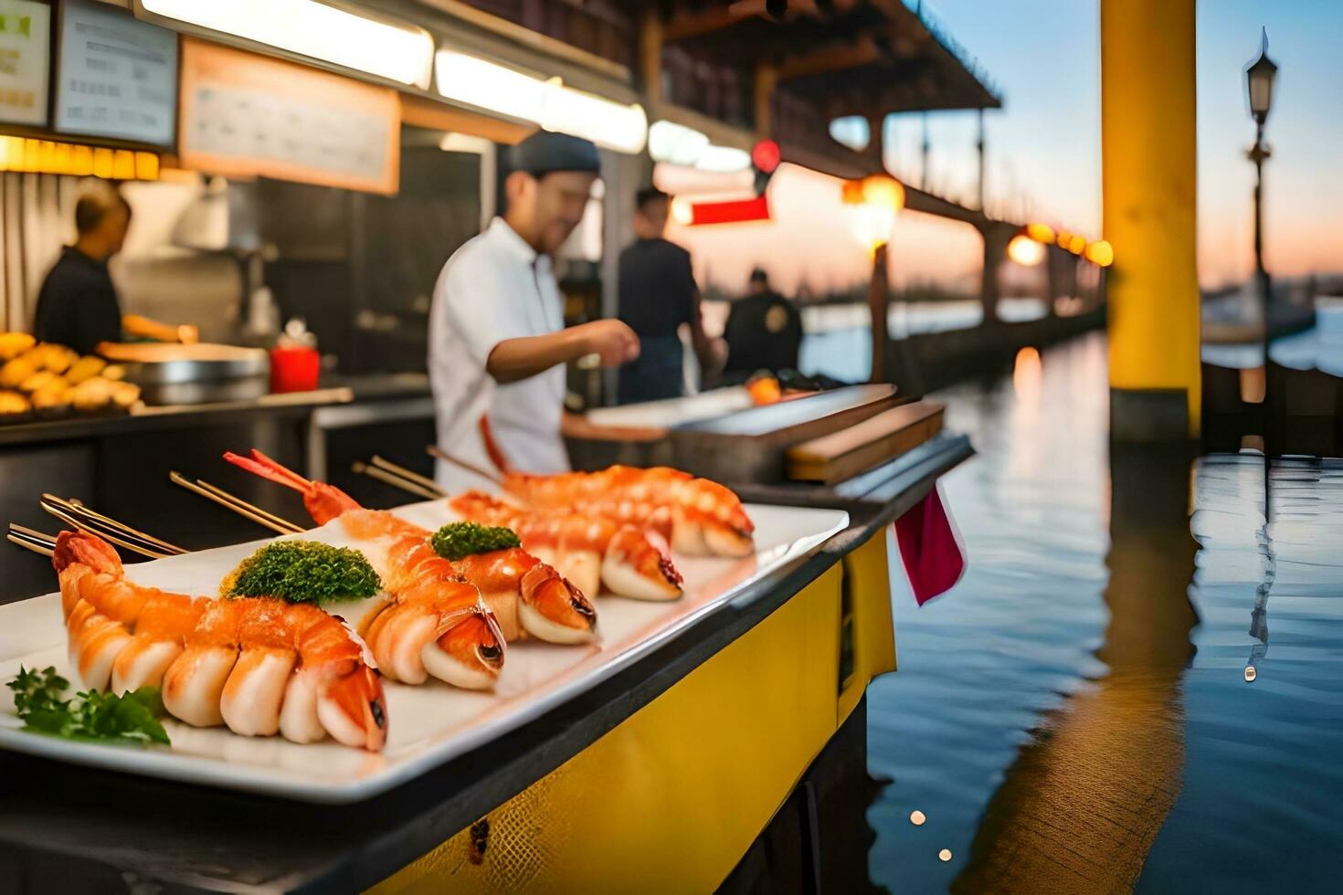 AI generated a man is standing next to a food stand with shrimp on it. AI-Generated photo